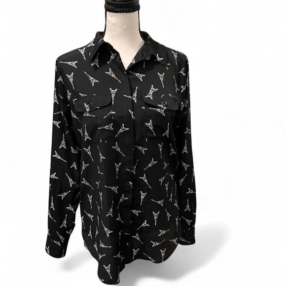 Karl Lagerfeld Tops - Karl Lagerfeld Eiffel Tower Black and White Button Down Shirt Women's XS